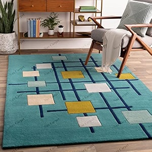 handmade geometrical pattern woollen rugs 1 inch thick pile 7x7 feet square color multi
