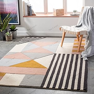 handmade geometrical pattern woollen rugs 1 inch thick pile 6x8 feet color multi