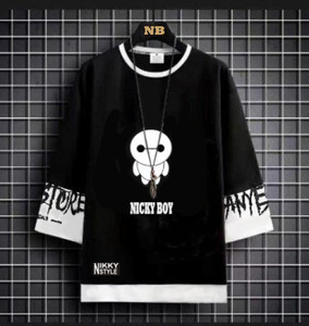 nb nicky boy men graphic print round neck cotton blend black t-shirt