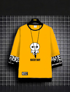 nb nicky boy men graphic print round neck cotton blend yellow t-shirt
