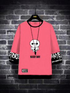 nb nicky boy men graphic print round neck cotton blend pink t-shirt