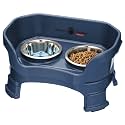 Neater Feeder Deluxe Mess-Proof Elevated Cat Bowls, 2 Height Adjustable (6” & 7.5”) No-Spill Raised Cat Bowl Stand, Whisker Friendly Stainless Steel Dishes for Indoor Cats, Made in USA, Dark Blue