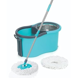 neaterize prime spin mop with stainless steel wringer 2 big wheels and 2 microfiber refills - efficient floor cleaning and mopping system light blue