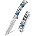 NedFoss Smilodon Damascus Pocket Knife, Unique Engraved Cool Knife for Gift