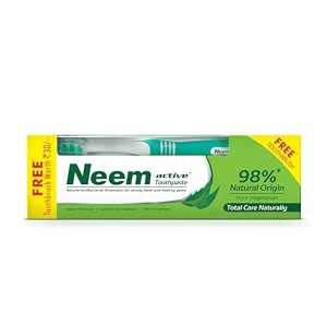 neem active toothpaste 200gm with ultra soft manual toothbrush  100 vegetarian  98 natural origin  enriched with the power of neem and calcium  antibacterial protection  mint for freshness