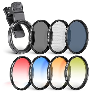 neewer 55mm clip on filters kit for phone amp camera - cpl nd32 star filter 4 graduated color filters 52-55mm adapter ring - compatible with iphone 15 14 pro max 14 13 12 11