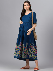Negen Women Gathered Blue Midi Calf Length