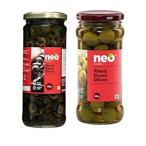 neo foods sliced black olives 450g amp pitted green olives 360g combo pack i p2 l low fat ready-to-eat healthy snack source of fibre l enjoy as topping for pizza amp pasta sliced black amp pitted green