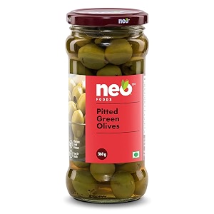 neo pitted green olives 360g i low fat ready-to-eat healthy snack source of fibre no added preservatives pack of 1