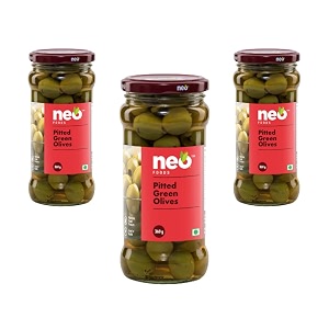 neo pitted green olives 360g i p3 i low fat ready-to-eat healthy snack source of fibre no added preservatives pack of 3