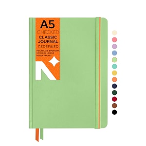 neorah  a5 squared classic notebook -110 gsm210x148mm -hardcover checked journal includes book marks backpocket sticker label - office notebook journal 160pagescompletely handmade light green