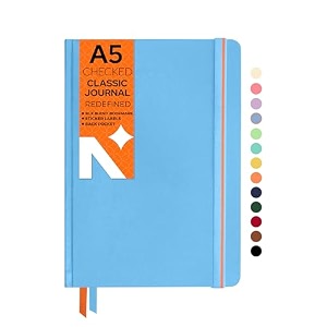 neorah  a5 squared classic notebook -110 gsm210x148mm -hardcover checked journal includes book marks backpocket sticker label - office notebook journal 160pagescompletely handmade light blue