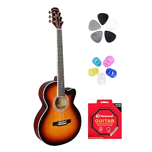 flym acoustic guitar with touch pickup bag plectrums finger protectors amp neowood string set matt finish sunburst