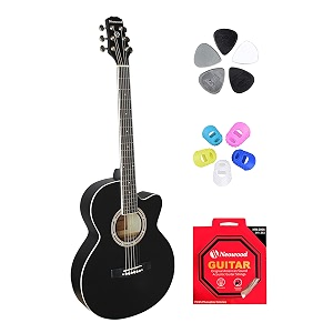 wood flym acoustic guitar with touch pickup bag plectrums finger protectors amp string set matt finish black