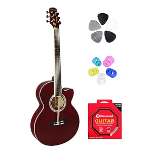 flym acoustic guitar with touch pickup bag plectrums finger protectors amp neowood string set matt finish wine red