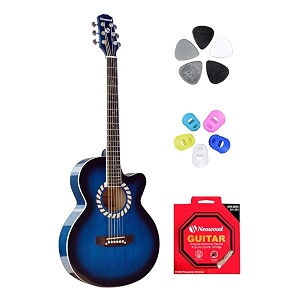 fly-sg 39 inches basswood acoustic guitar with touch pickup bag plectrums finger protectors string set blue