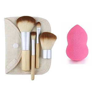 nesa 4 pcs makeup brush kit with natural bamboo handle free makeup sponge