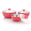 Nescro Mixing &amp; Serving Microwave Safe Stainless Steel Bowl 3 Pcs Set (600/1200/1800 ML) (Pastel Red)