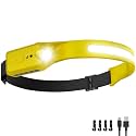 Nessciera Rechargeable LED Headlamp, 400 Lumens, 230° Wide Beam, USB-C, 5 Modes — Lightweight, Adjustable Headband; Hard Hat Clips for Camping, Hiking, Running, Repairs & Gift (1, Yellow)