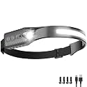Nessciera Rechargeable LED Headlamp (Gray), 400 Lumens, 230° Wide Beam, USB-C, 5 Modes — Lightweight, Adjustable Headband; Hard Hat Clips for Camping, Hiking, Running & Repairs