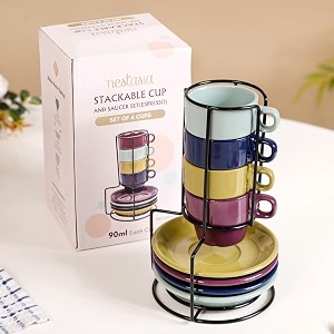 nestasia ceramic espresso cup and saucer set of 4 90ml  colorful durable ergonomic design with glossy finish  ideal for gifting multicolour
