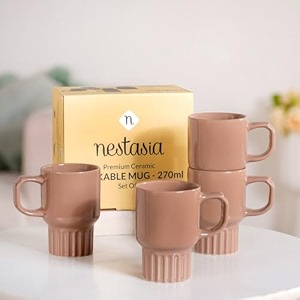 nestasia ceramic stackable cups set of 4 270ml each - fluted bottom tea amp coffee cups with glossy finish  microwave amp dishwasher safe cups - ideal for gifting brown