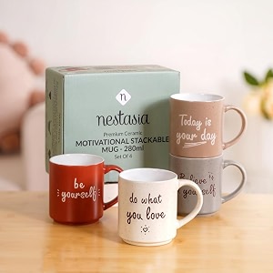 nestasia ceramic stackable cups set of 4 280ml each - motivational quotes tea amp coffee cups with glossy finish  microwave amp dishwasher safe cups - ideal for gifting multicolour