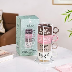 nestasia ceramic stackable cups set of 4 215ml each - inspirational quotes tea amp coffee cups with metal stackable stand  microwave amp dishwasher safe cups - ideal for gifting multicolour