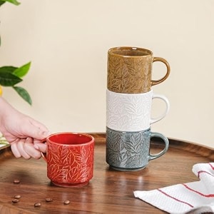 nestasia ceramic stackable tea cup set of 4  microwave amp dishwasher safe glossy finish perfect for gifting leaf embossed 250ml each