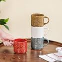 Nestasia Ceramic Stackable Tea Cup Set of 4 | Microwave &amp; Dishwasher Safe, Glossy Finish, Perfect for Gifting (Leaf Embossed, 250ml Each)