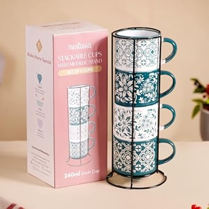 nestasia stackable ceramic cups set of 4 240 ml each  microwave amp dishwasher safe tea amp coffee cups with glossy finish  ideal for gifting floral green