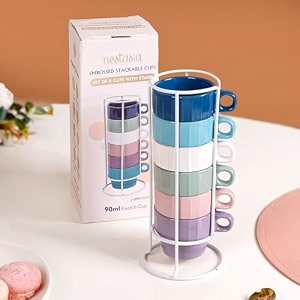 nestasia stackable ceramic espresso cups set of 6 90 ml  colorful durable and ergonomic design for espresso shots  ideal for gifting multicolour