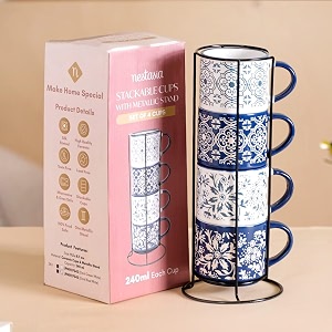 nestasia stackable ceramic cups set of 4 240 ml each  printed tea amp coffee mugs with glossy finish - microwave amp dishwasher safe  ideal for daily use amp gifting floral blue