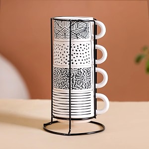 nestasia stackable ceramic cups set of 4 145ml each  microwave amp dishwasher safe tea amp coffee mugs with glossy finish  chip resistant amp 100 food grade white cups with stand - ideal for gifting