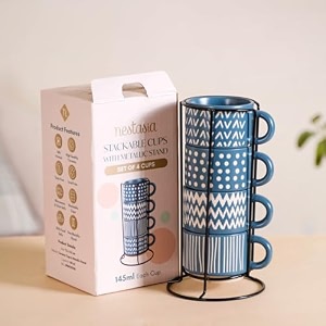 nestasia stackable ceramic cups set of 4 100 ml  microwave amp dishwasher safe tea amp coffee cups with glossy finish  ideal for gifting printed blue with stand