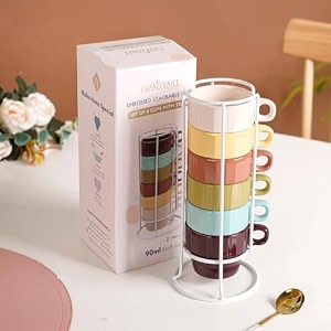 nestasia stackable ceramic espresso cups set of 6 90 ml  colorful durable and ergonomic design for espresso shots  ideal for gifting multicolour