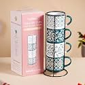 Nestasia Stackable Ceramic Cups Set of 4 (240 ml Each) | Microwave &amp; Dishwasher Safe Tea &amp; Coffee Cups with Glossy Finish | Ideal for Gifting (Floral Green)