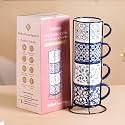 Nestasia Stackable Ceramic Cups Set of 4 (240 ml Each) | Printed Tea &amp; Coffee Mugs with Glossy Finish - Microwave &amp; Dishwasher Safe | Ideal for Daily Use &amp; Gifting (Floral Blue)