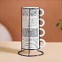 Nestasia Stackable Ceramic Cups Set of 4 (145ml Each) | Microwave &amp; Dishwasher Safe Tea &amp; Coffee Mugs with Glossy Finish | Chip Resistant &amp; 100% Food Grade White Cups with Stand - Ideal for Gifting