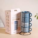 Nestasia Stackable Ceramic Cups Set of 4 (100 ml) | Microwave &amp; Dishwasher Safe Tea &amp; Coffee Cups with Glossy Finish | Ideal for Gifting (Printed Blue with Stand)