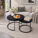 Nesting Coffee Table Set of 2, 27.6 inch Round Side Tables Coffee Table with Wood Marble Pattern Top Sturdy Metal Frame, End Table for Living Room Bedroom Balcony Yard (Black B)