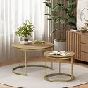 Nesting Coffee Table Set of 2, 27.6 inch Round Side Tables Coffee Table with Wood Marble Pattern Top Sturdy Metal Frame, End Table for Living Room Bedroom Balcony Yard (Brown+Gold)