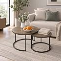 Nesting Coffee Table Set of 2, 27.6 inch Round Side Tables Coffee Table with Wood Marble Pattern Top Sturdy Metal Frame, End Table for Living Room Bedroom Balcony Yard (Brown 2)