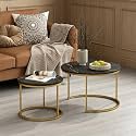 Nesting Coffee Table Set of 2, 27.6 inch Round Side Tables Coffee Table with Wood Marble Pattern Top Sturdy Metal Frame, End Table for Living Room Bedroom Balcony Yard (Black+Gold)