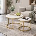 Nesting Coffee Table Set of 2, 27.6 inch Round Side Tables Coffee Table with Wood Marble Pattern Top Sturdy Metal Frame, End Table for Living Room Bedroom Balcony Yard (White+Gold2)
