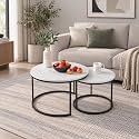 Nesting Coffee Table Set of 2, 27.6 inch Round Side Tables Coffee Table with Wood Marble Pattern Top Sturdy Metal Frame, End Table for Living Room Bedroom Balcony Yard (White)