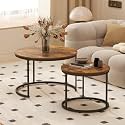 Nesting Coffee Table Set of 2, 27.6 inch Round Side Tables Coffee Table with Wood Marble Pattern Top Sturdy Metal Frame, End Table for Living Room Bedroom Balcony Yard (Rustic Brown + Black)