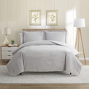 nestl premium flannel duvet cover set - 3 pc reversible queen comforter cover set with microfiber back - 1 velvet duvet cover queen with zipper closure amp 2 pillow shams 90 x 90 inches - silver gray