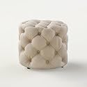 nestroots Velvet Pouffe Ottoman for Living Room | Cream Tufted Puffy Stool for Sitting | Quilted Round Footrest Chair | Lounge Seating for Bedroom, Balcony, Entryway | 18 Inch Height