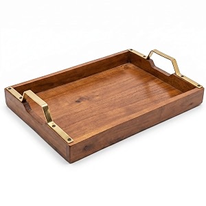 nestroots wooden snacks serving tray modern style with golden finish handle  brown wooden  stylish multipurpose tray for home kitchen cafe restaurant dining amp home dcor 15 inches